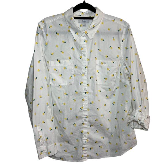 Croft & Barrow Lemon Print Button Up Shirt White Sz Large Citrus Novelty Cotton - Picture 1 of 8
